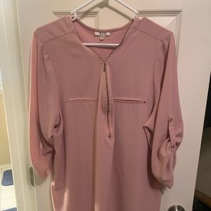 Pink rose color 3/4 length blouse with gold buttons and zippers.
